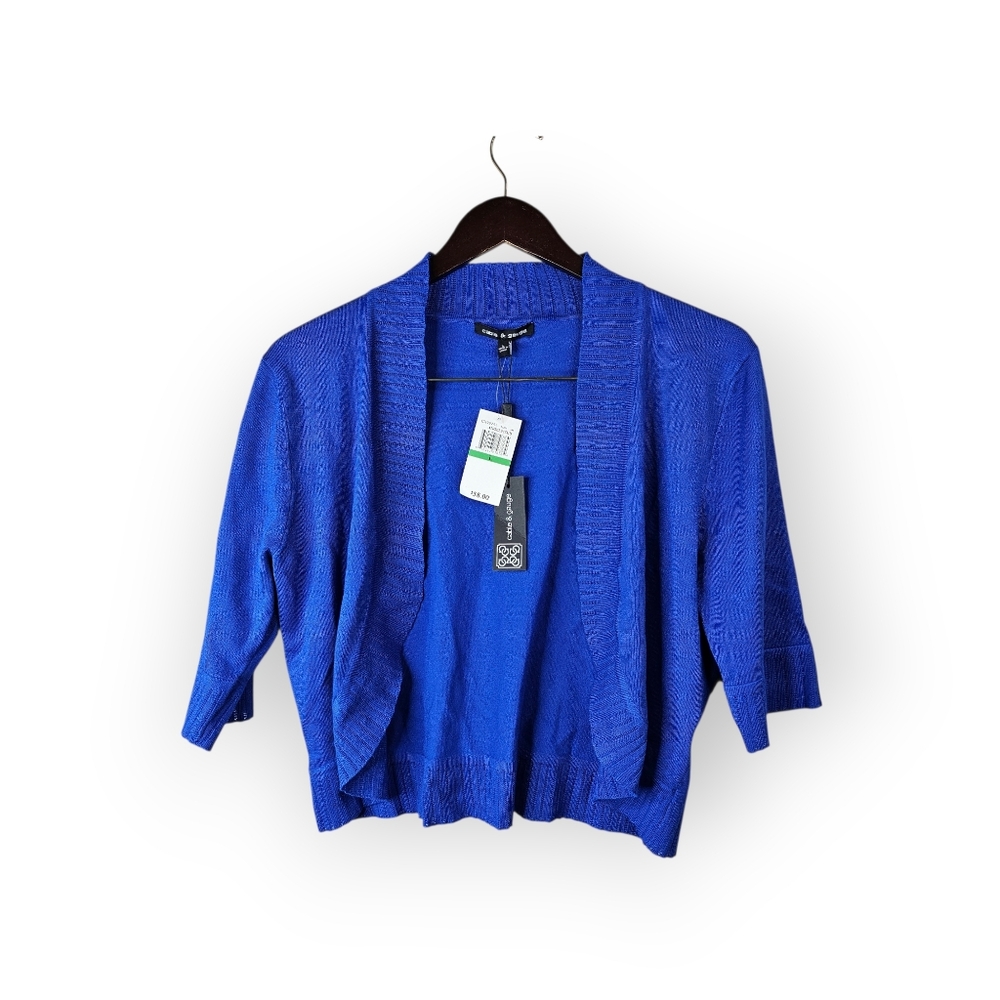 Cable & Gauge Blue Open Front Cardigan Womens Large Cropped Short Sleeve NWT - Picture 2 of 5